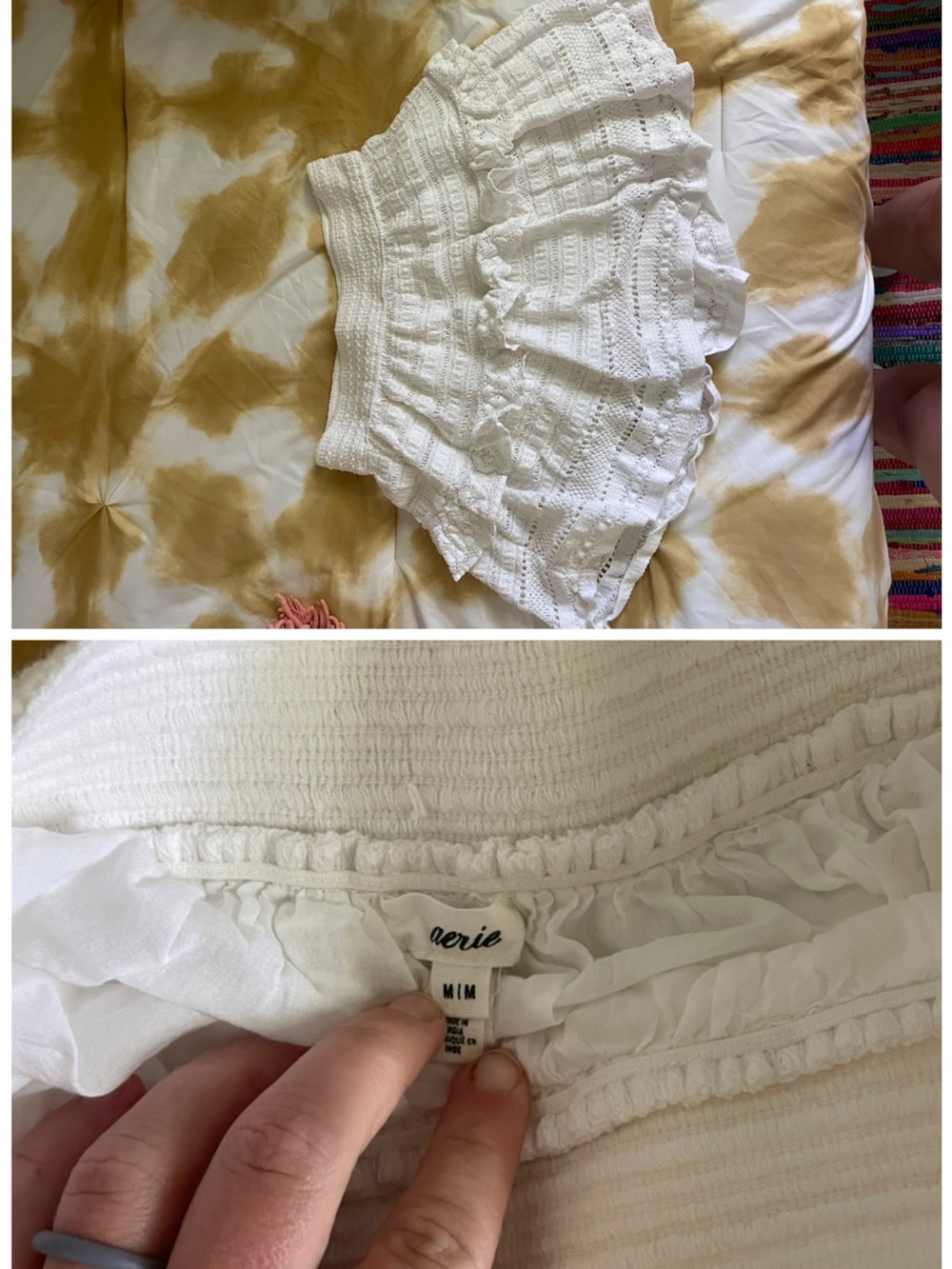 aerie White Eyelet Ruffle Mini Skirt with Smocked Waist